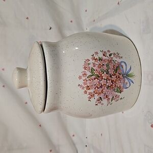 Vintage Speckled Ceramic Blush Pink Flower Blue Ribbon Medium Canister w/Lid